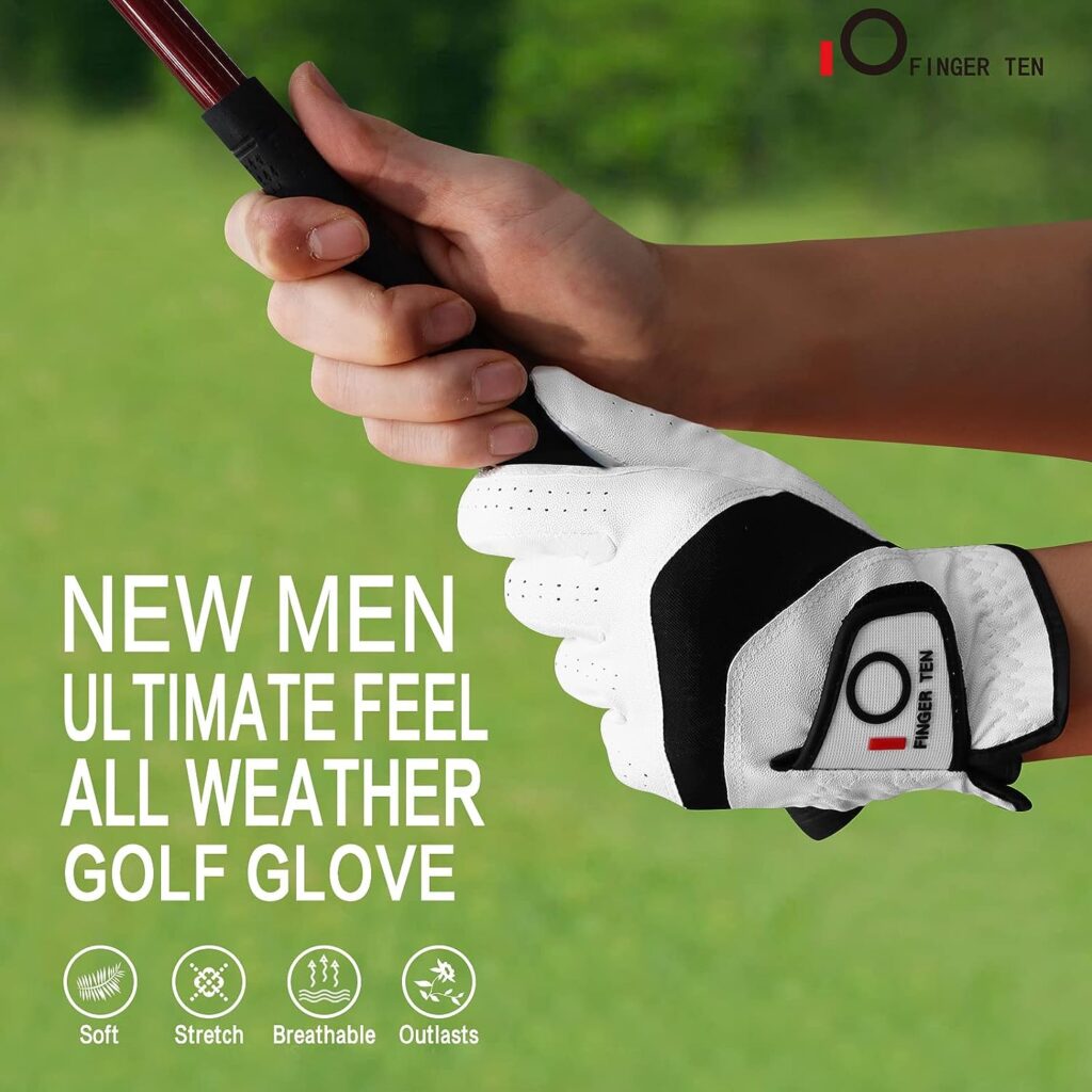FINGER TEN Golf Gloves Men Left Hand Right Leather Value 5 Pack, Mens Golf Glove for Right Left Handed Golfer All Weather Grip Small Medium ML Large XL XXL 3XL