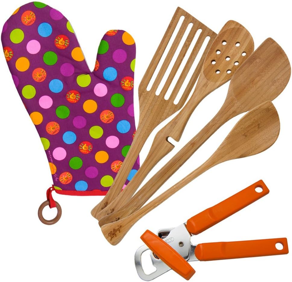 Leftys Kitchen Tool Set Includes Left Handed Can Opener, Oven Mitt and 4 Bamboo Utensils, 6 Pcs.
