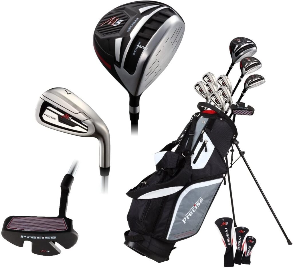 Precise M5 Mens Complete Golf Clubs Package Set Includes Titanium Driver, S.S. Fairway, S.S. Hybrid, S.S. 5-PW Irons, Putter, Stand Bag, 3 H/Cs