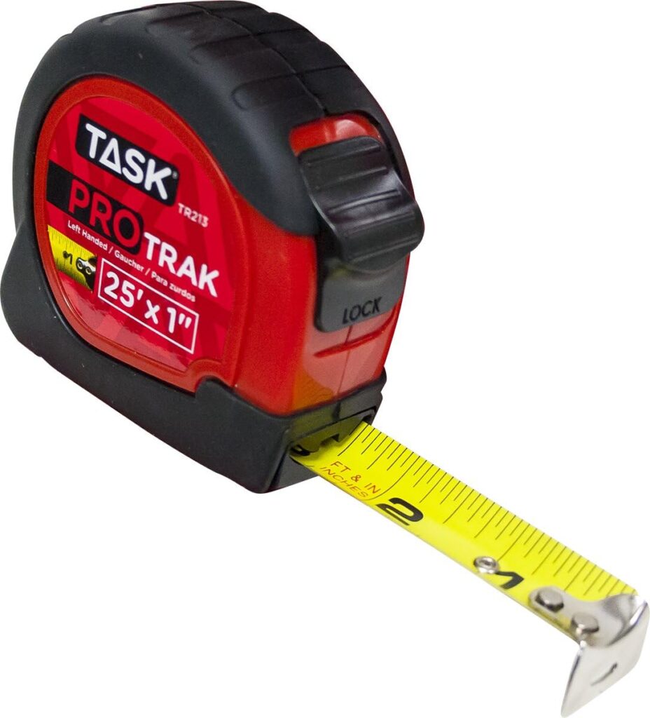 Task TR213 25-Feet ProTrak Left Handed Tape Measure, Impact Resistant Polyurethane Case, Rust-Resistant Nylon-Coated 1-Inch Steel Blade Ensure Perfect Measurements
