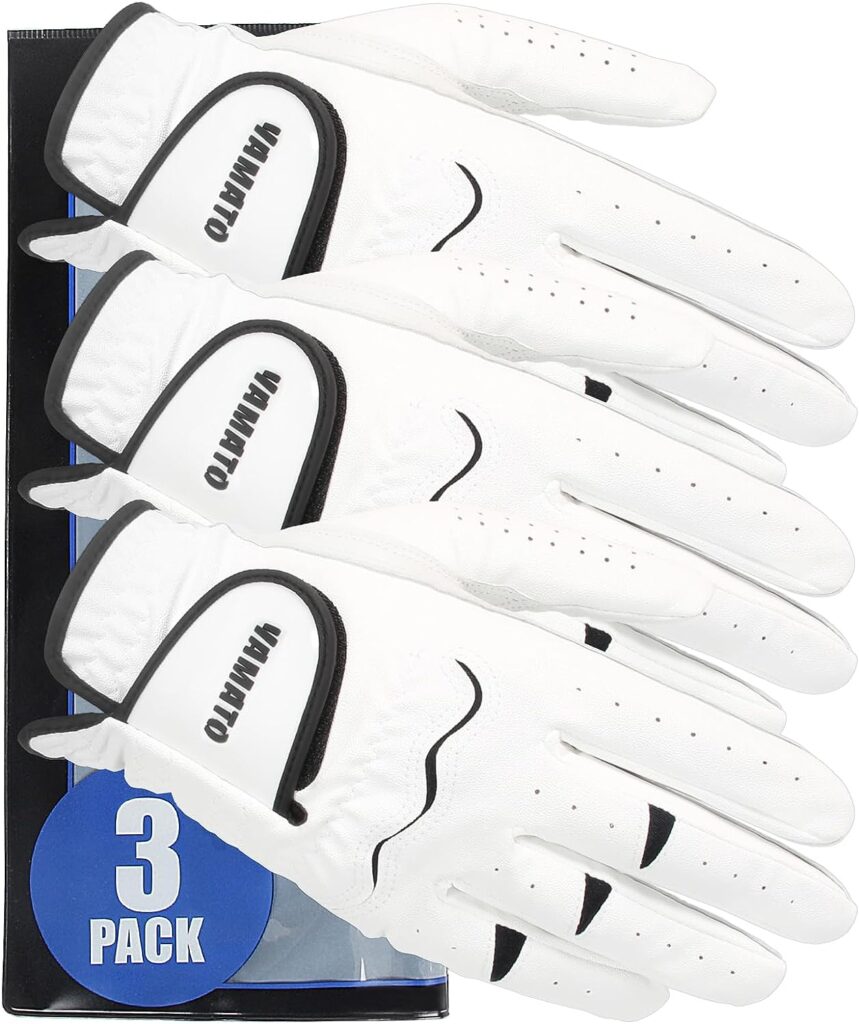 yamato 3 Pack Men‘s Golf Gloves, Durable White Cabretta Leather All Weather Golf Gloves Men Right Handed Golfer, Breathable, Grip Soft Comfortable Golf Gloves Men