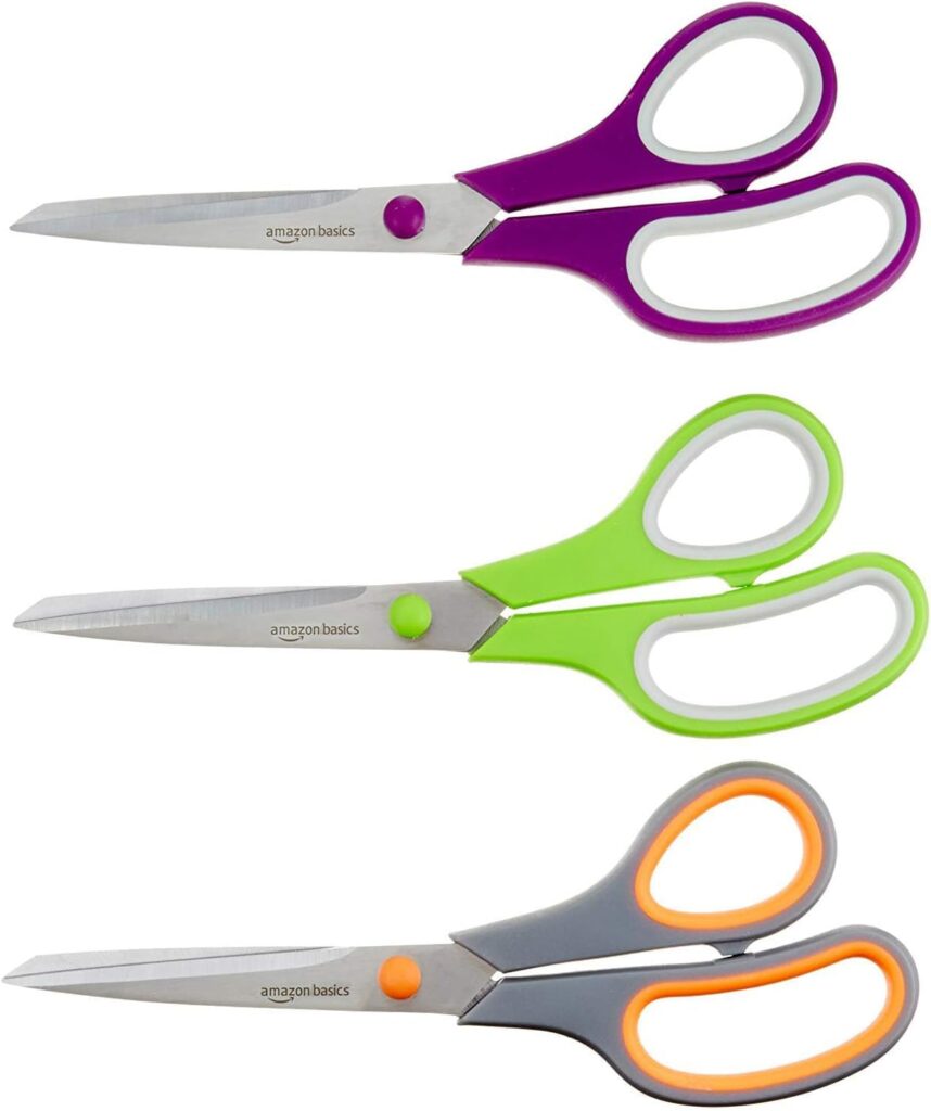 Amazon Basics Multipurpose, Comfort Grip, PVD Coated, Stainless Steel Office Scissors, 3-Pack, Purple, Green  Gray