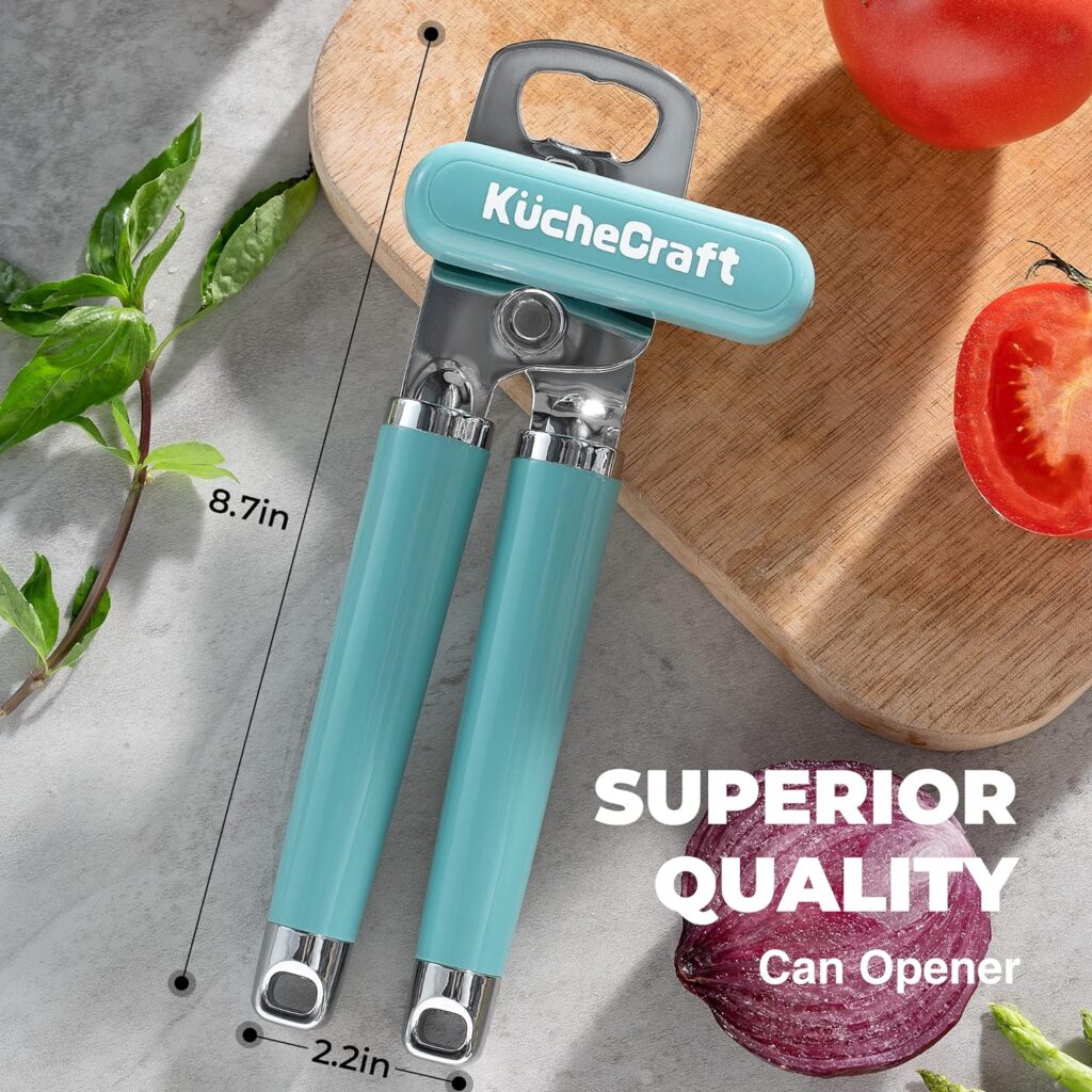 KucheCraft Can Opener Manual, Heavy Duty, Handheld With Stainless Steel Sharp Blade, Ergonomic Hand Grip and Larger Turning Knob, Built in Bottle Opener(Blue)