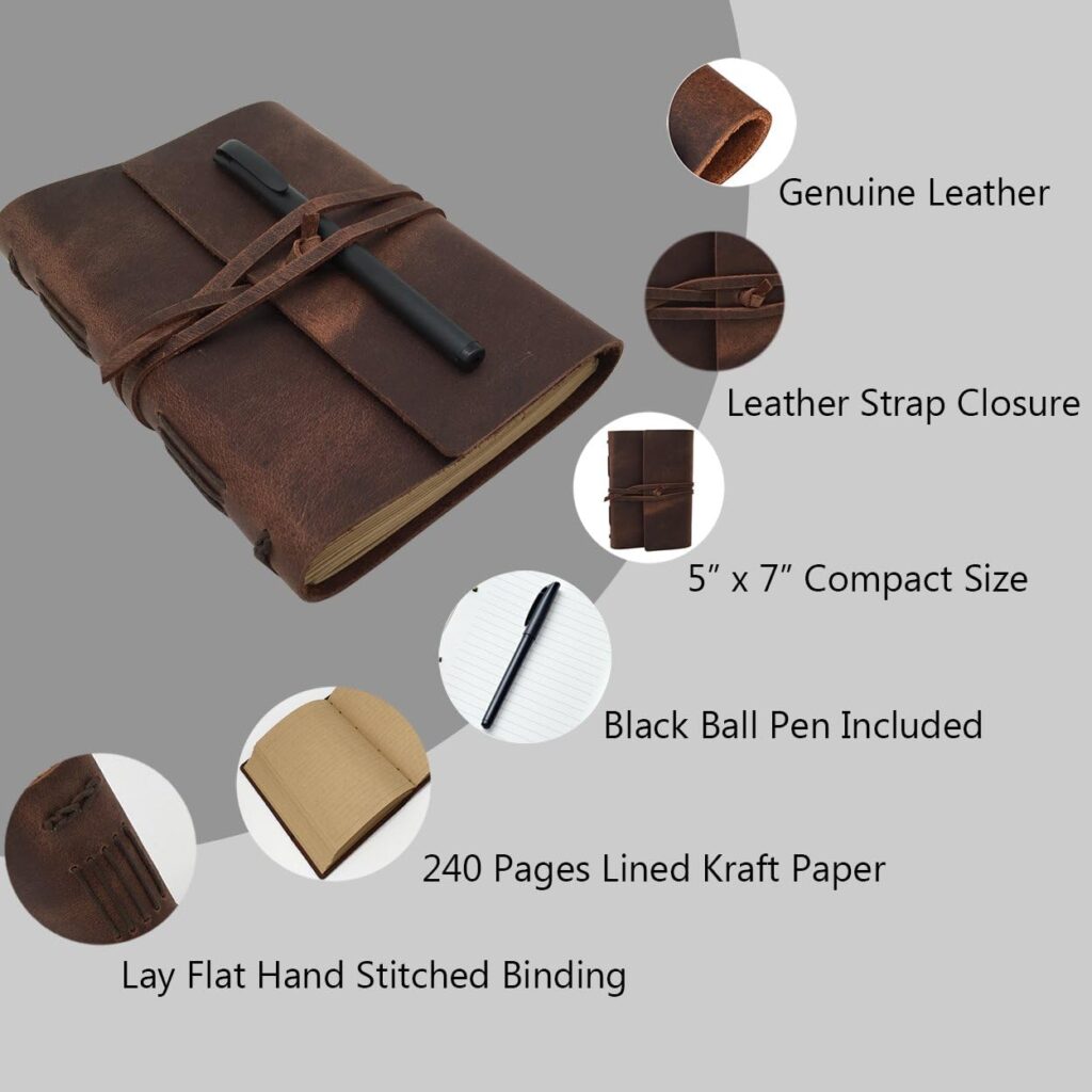 Leather Journal Writing Notebook - Genuine Leather Bound Daily Notepad for Men  Women Lined Paper 240 Kraft Pages, Handmade, Rustic Brown, 5 x 7 in