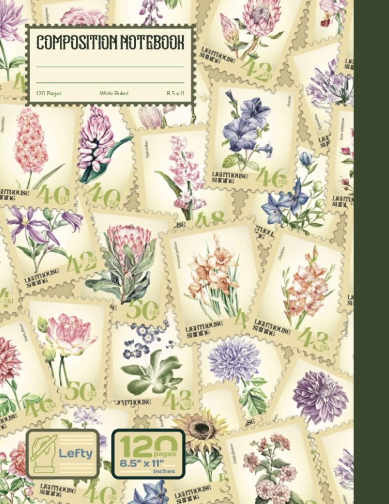 Left-Handed Composition Notebook – the books spine on the Right: Flower Stamps illustration/ 120 pages Wide Ruled Notebook for Left-handed to make ... Gift Idea for all ages. (Japanese Edition)