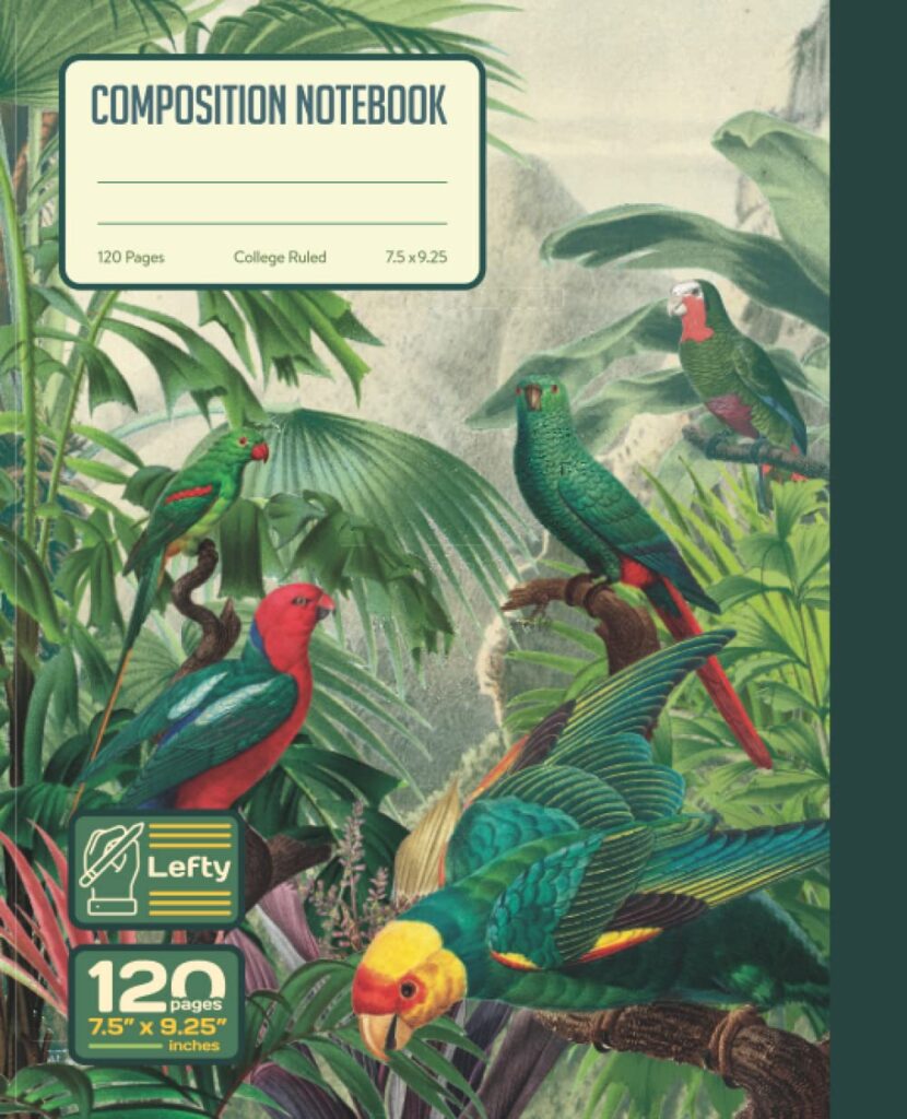Left-handed Composition Notebook – the books spine on the Right: Rainforest parrots illustration/ 120 pages College Ruled Notebook for Left-handed ... Gift Idea for all ages. (Japanese Edition)     Paperback – July 4, 2022