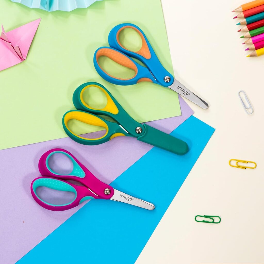 LIVINGO Left Handed Kids Scissors: Blunt Tip Safety Lefty Toddler Child Scissors for School Craft Cutting Paper - 3 Pack 5 inches Comfort Grip Green, Rose Pink, Blue