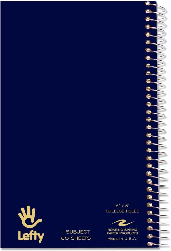 Roaring Spring Lefty Wirebound Spiral Left Handed Mini Notebook, 1 Subject, 8x5, 80 White Sheets College Ruled Paper, Assorted Cover Colors, Wire On Right Side For Easier Left Handed Use