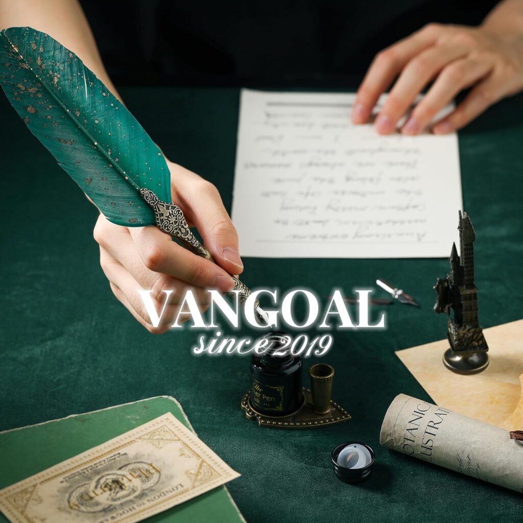 VANGOAL Feather Pen and Ink Set, Glittering Quill Pen Set Antique Calligraphy Dip Pen with Ink, 2 Replacement Nibs, Pen Stand Base, Luxury Vintage Signature Pen (Green)