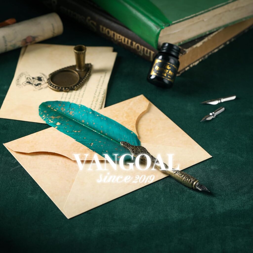 VANGOAL Feather Pen and Ink Set, Glittering Quill Pen Set Antique Calligraphy Dip Pen with Ink, 2 Replacement Nibs, Pen Stand Base, Luxury Vintage Signature Pen (Green)